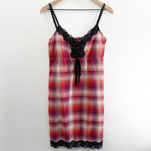 Vintage Y2K Hurley Babydoll Mini Slip Dress in Plaid Black Lace Size S